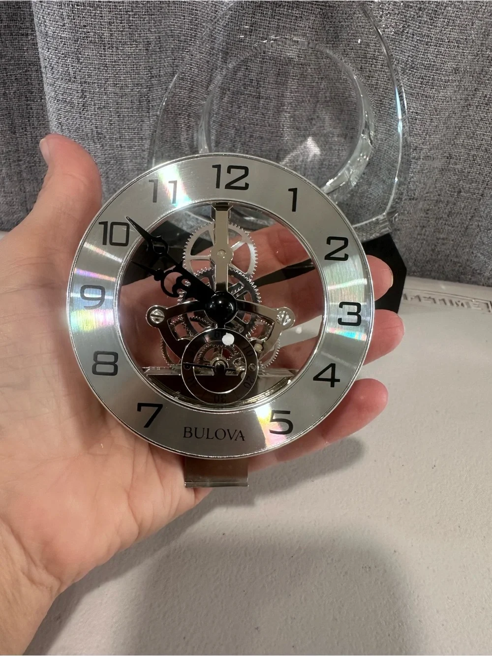 Bulova trident Crystal Mantel Clock with Silver Dial. New in box